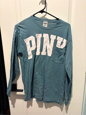 PINK Victoria's Secret Teal Long Sleeve Pocket Tee with White Logo